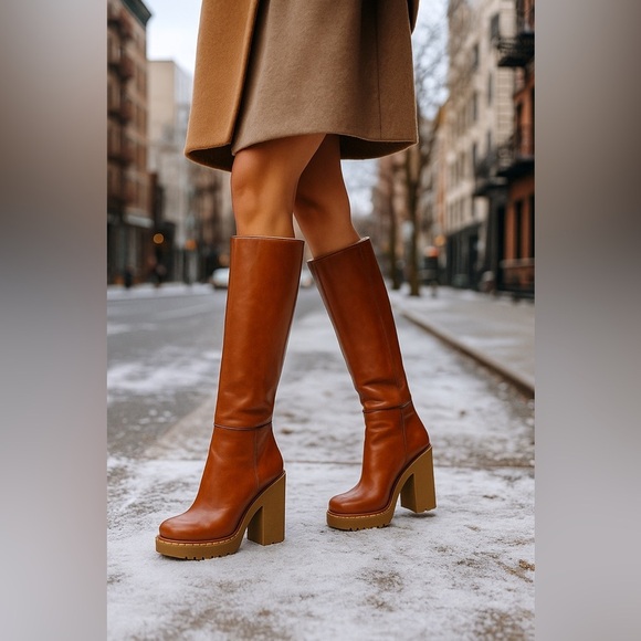 NWB Prada Cognac Shearling Lined Platform Chunky Block Heel Tall Boot IT 38 - Picture 2 of 15